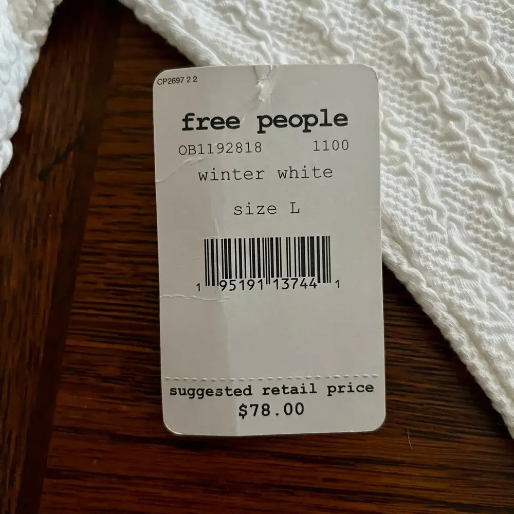 NWT FREE PEOPLE Brittany White Ribbed Puff Sleeve Top Large White Boho